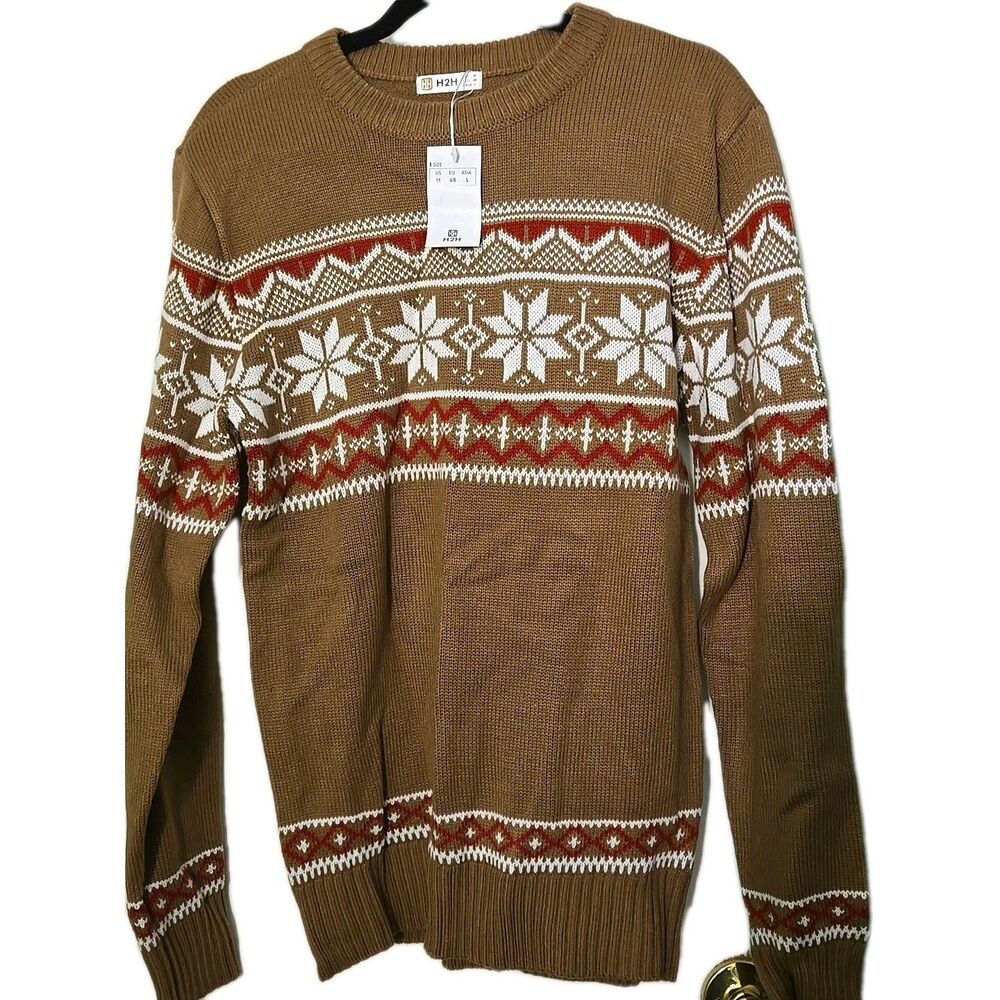 H2H Men's Medium Brown Red & White Holiday Knit Sweater Nordic Print Winter Warm
